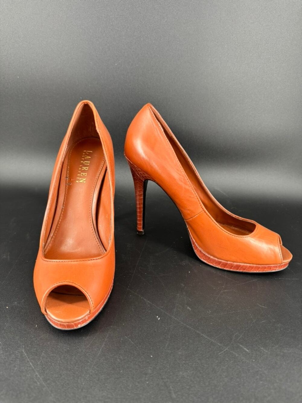 Lauren Ralph Lauren Brea Pumps 7.5B Polo Tan Kidskin Leather Peep Toe Heels
